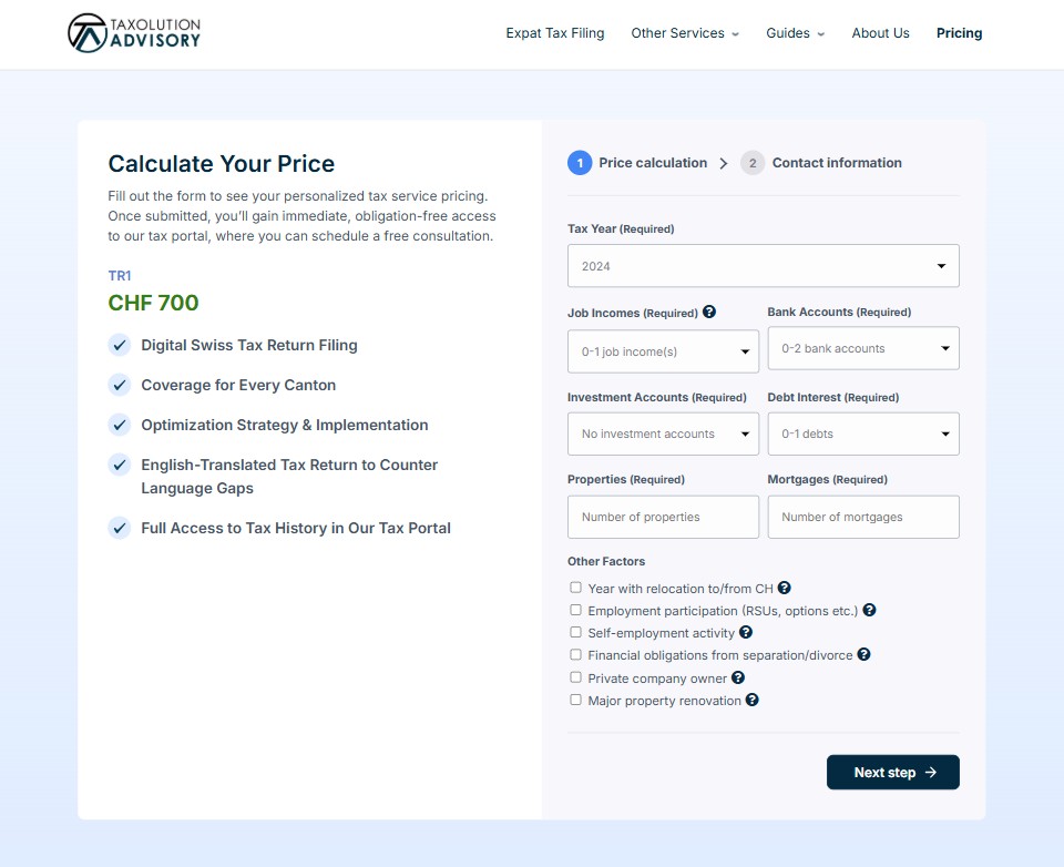 website redesign - taxolution pricing