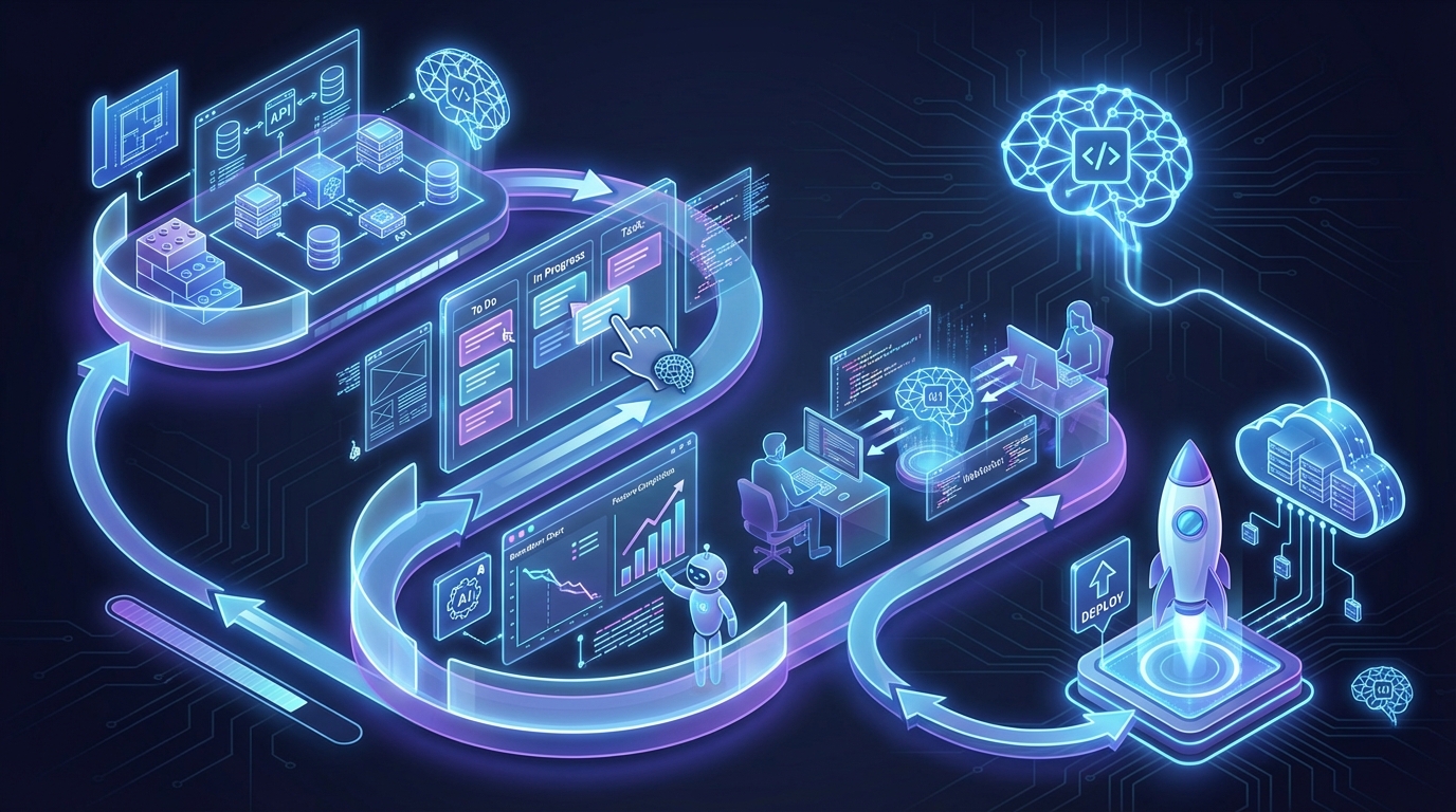Isometrische illustratie van de vijf bouwfasen van een Jira-kloon met vibe coding