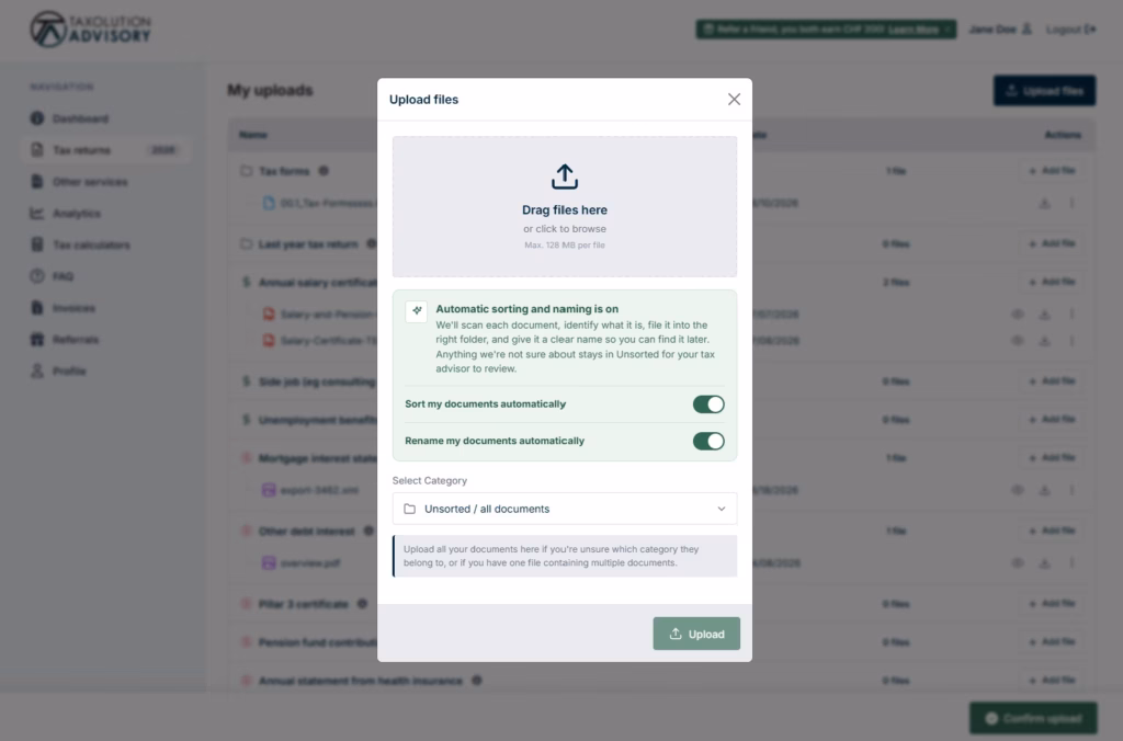 Gepersonaliseerde documentchecklist in het klantportaal met upload via drag-and-drop